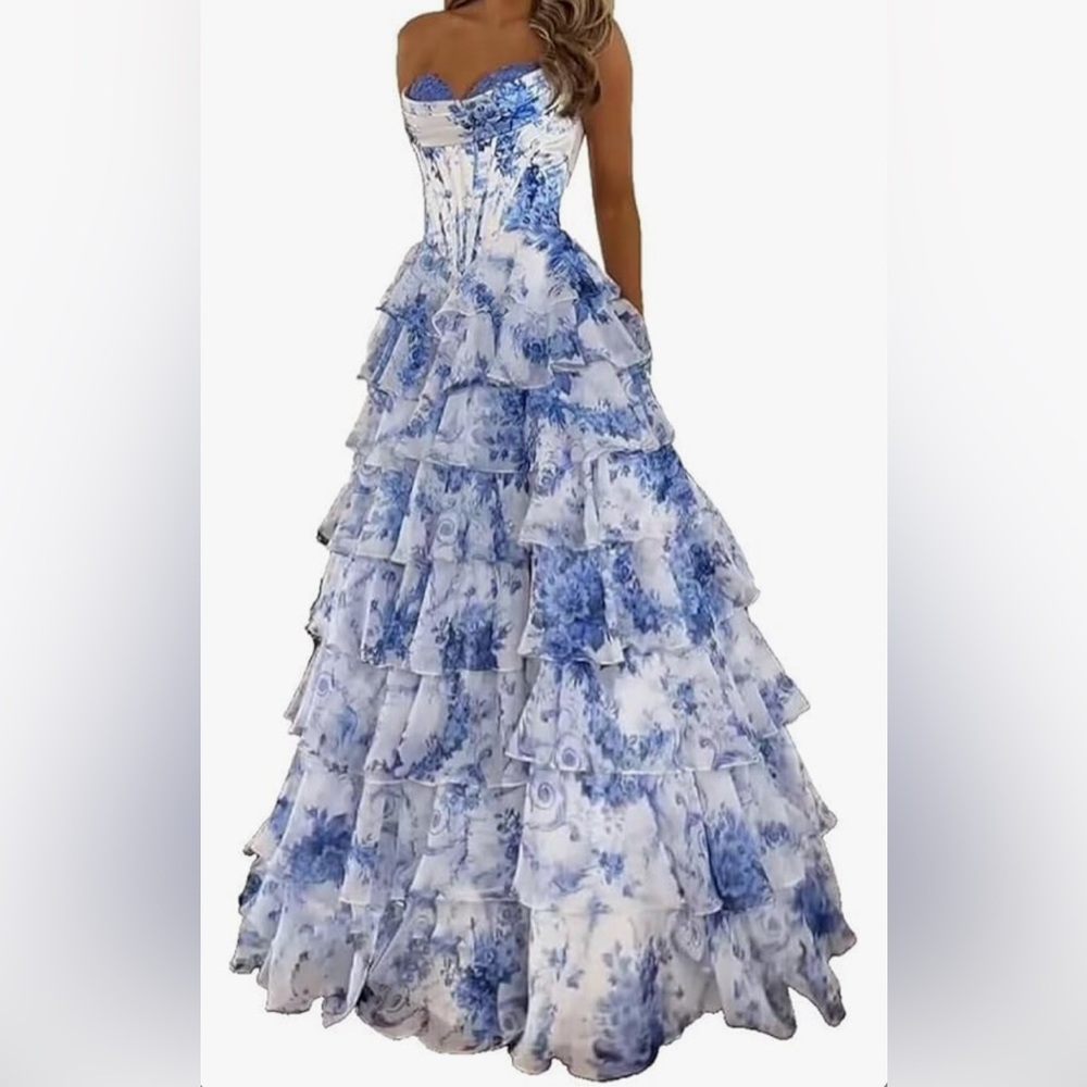 NEW Elegant Blue Floral Tiered Dress with lace-up corset back